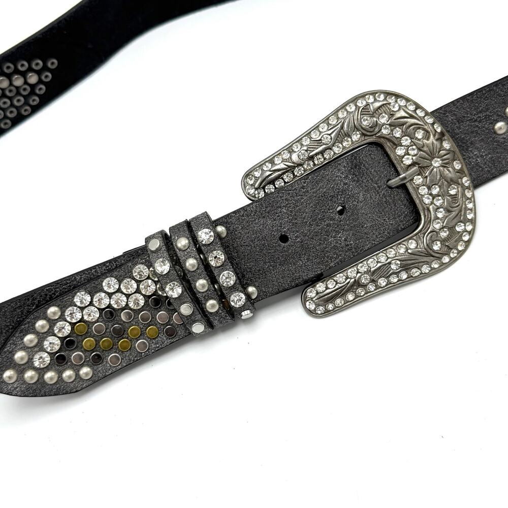 Rhinestone Studded Leather Western Belt M L 38-42 Boho Cowgirl Bling Rodeo Gray